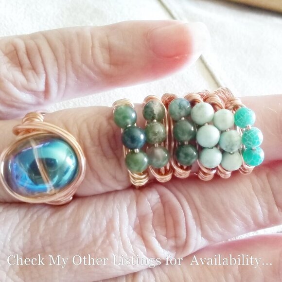 Slim Moss Agate Beaded Handmade Rings - Sturdy Every Day Wear! Copper or Brass! - Picture 7 of 12